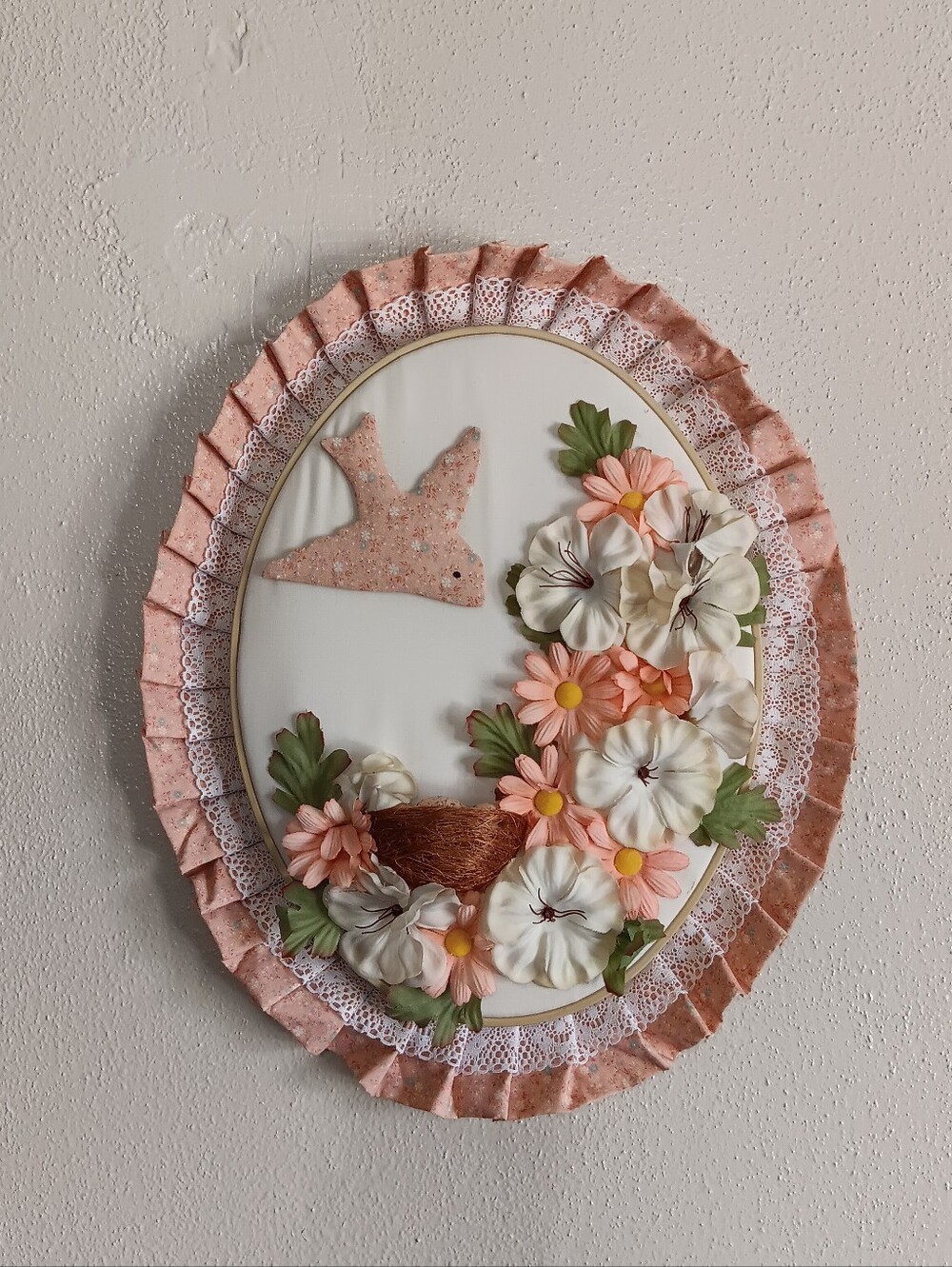 Coquette Vintage Cottage Quilted Hoop Wall Hanging Whimsy Pink Bird Nest Decor - Picture 3 of 16